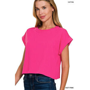 Cotton Folded Sleeve Top Zenana in Multiple Colors